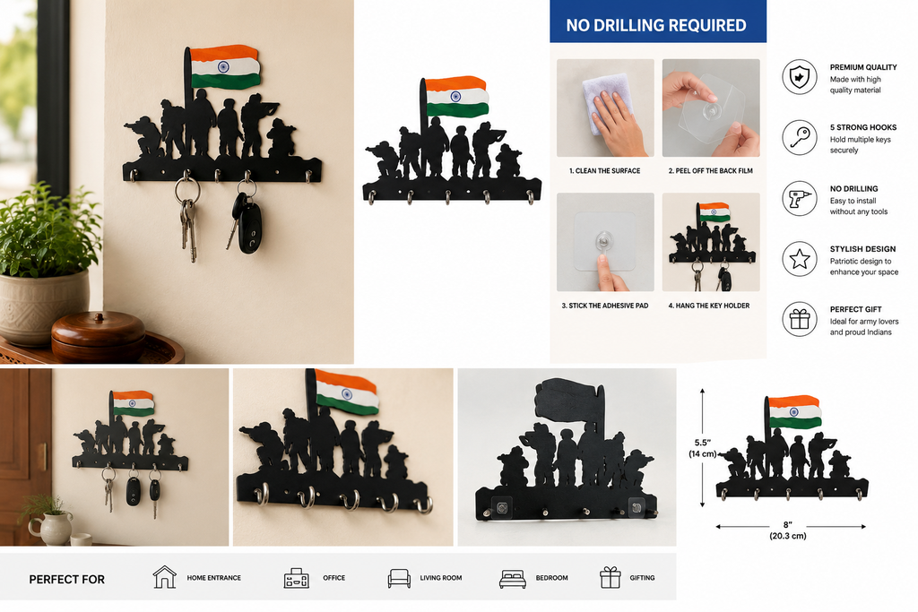 Indian Army Metal Key Holder | Premium 5-Hook Wall Mounted Key Organizer for Home Entrance
