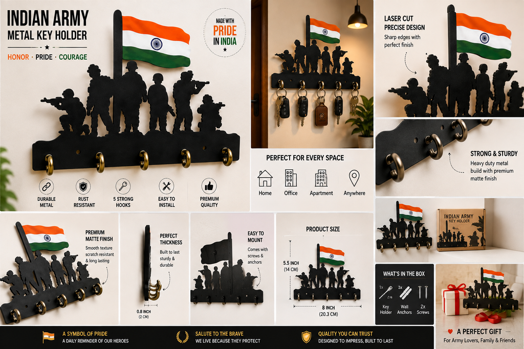 Indian Army Metal Key Holder | Premium 5-Hook Wall Mounted Key Organizer for Home Entrance