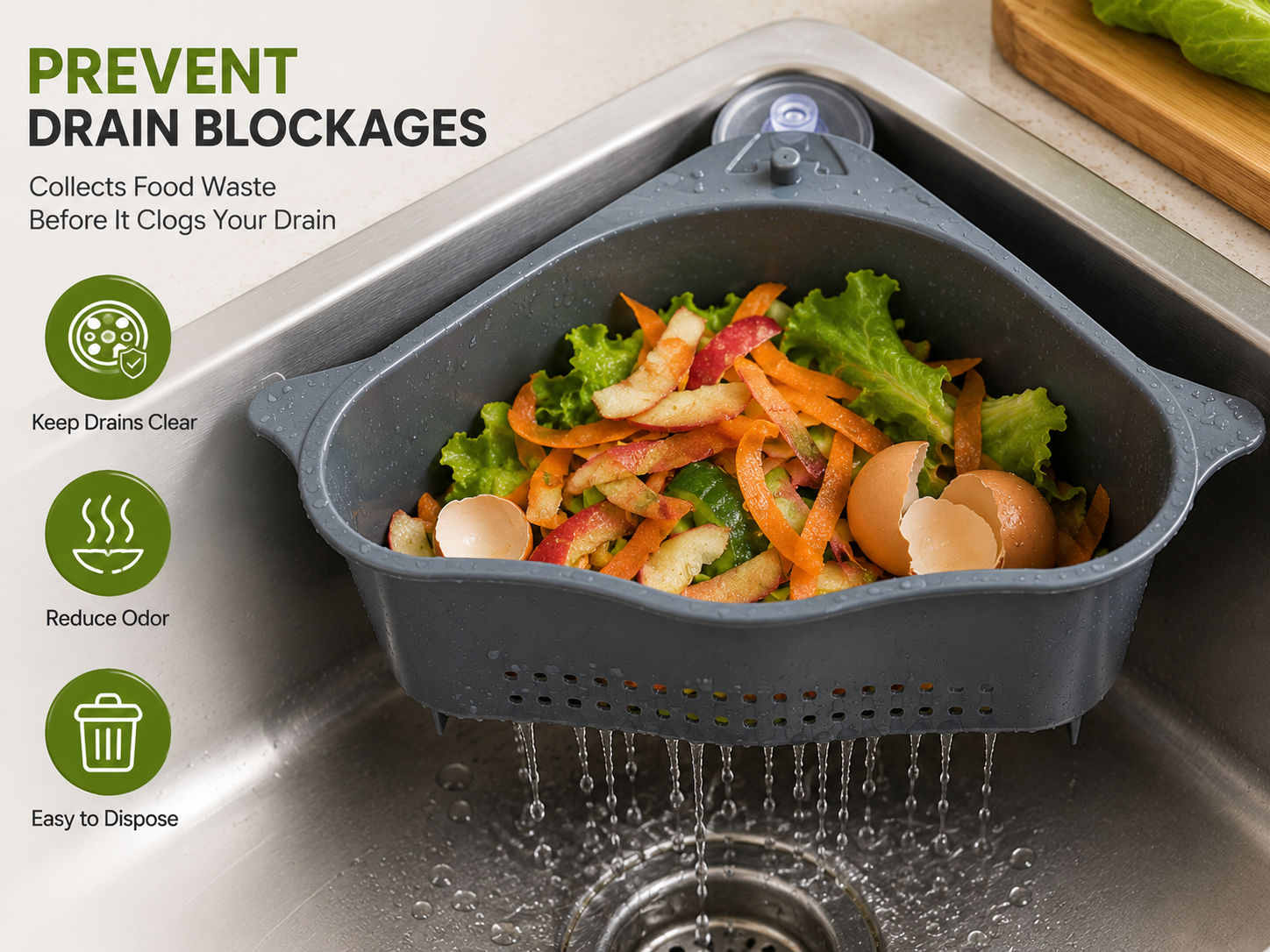 💧 3-in-1 Corner Sink Drain Basket – Wash, Drain & Organize