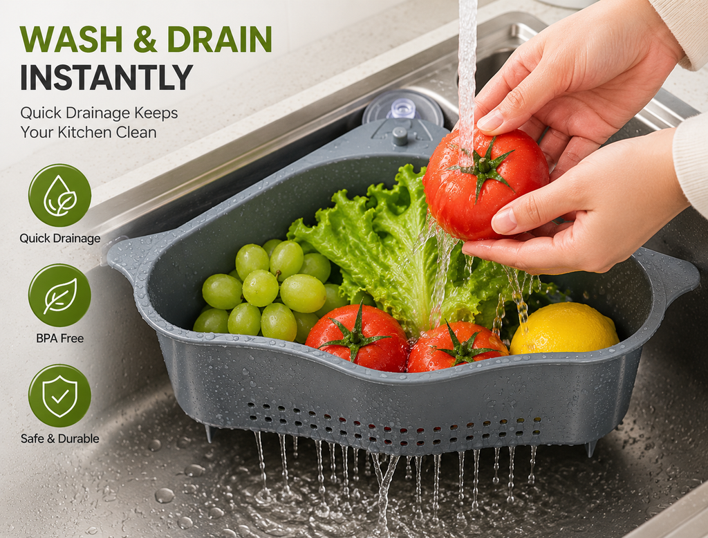 💧 3-in-1 Corner Sink Drain Basket – Wash, Drain & Organize