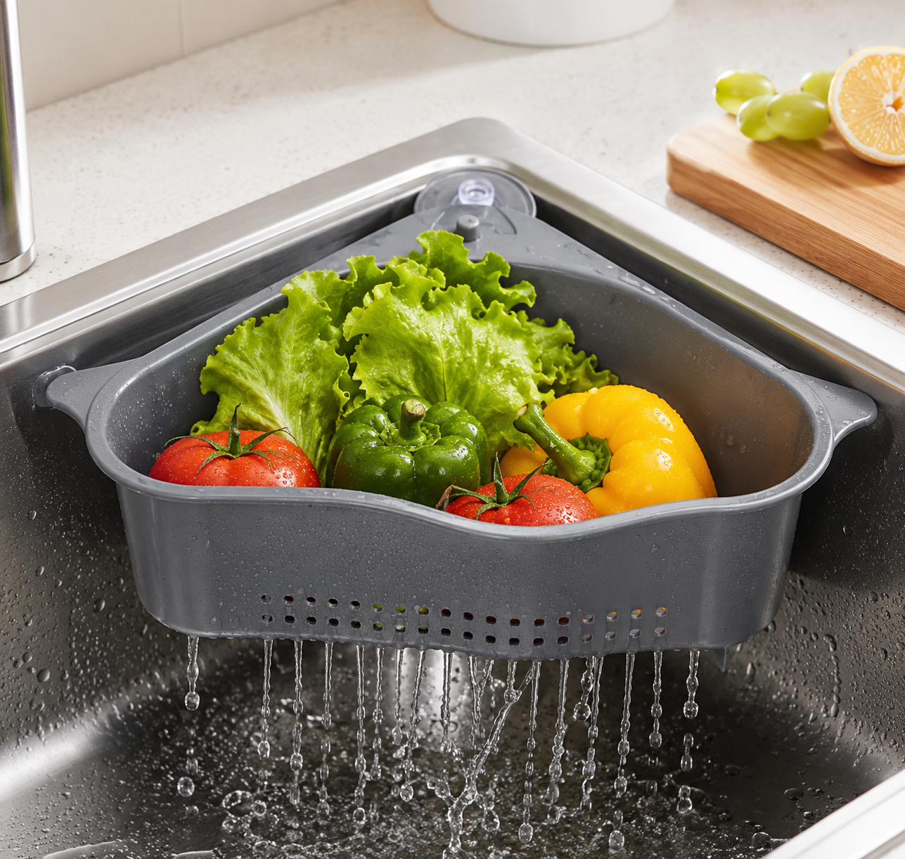 💧 3-in-1 Corner Sink Drain Basket – Wash, Drain & Organize