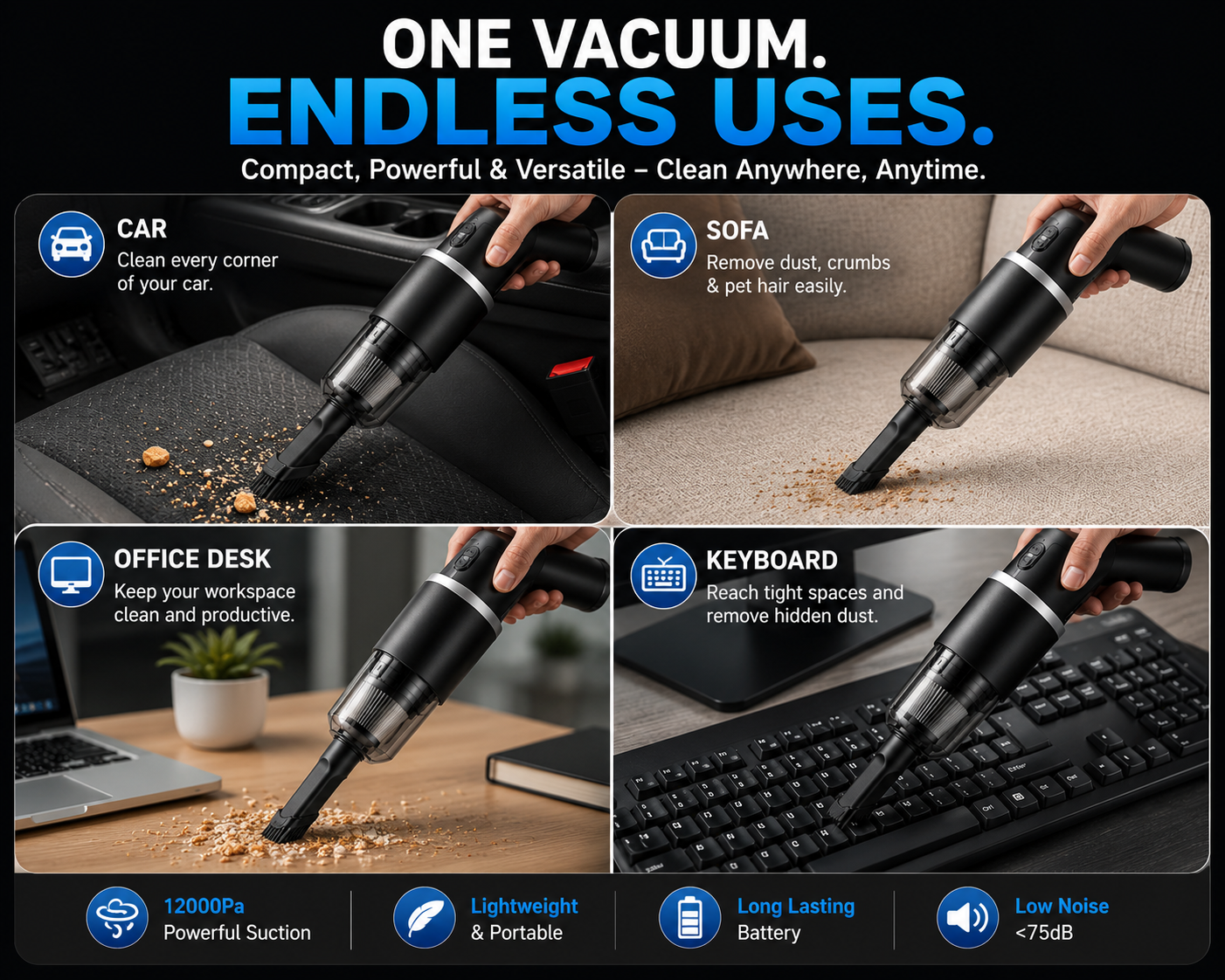 TurboVac™ Pro Portable Wireless Vacuum Cleaner — 12000Pa Suction, Cordless, Car & Home