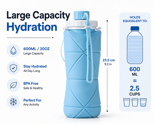 FlexFold™ Collapsible Silicone Water Bottle — 600ml, BPA-Free, Leak-Proof, Hot & Cold