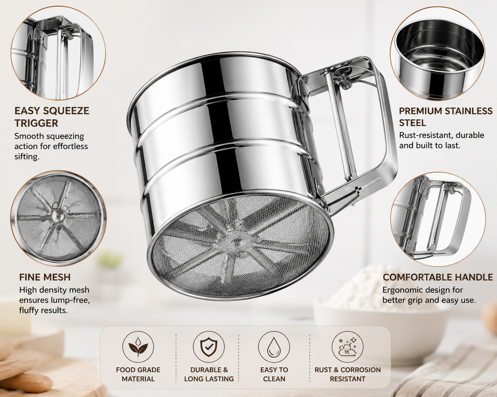 Professional Flour Sifter – Stainless Steel Fine Mesh Baking Tool