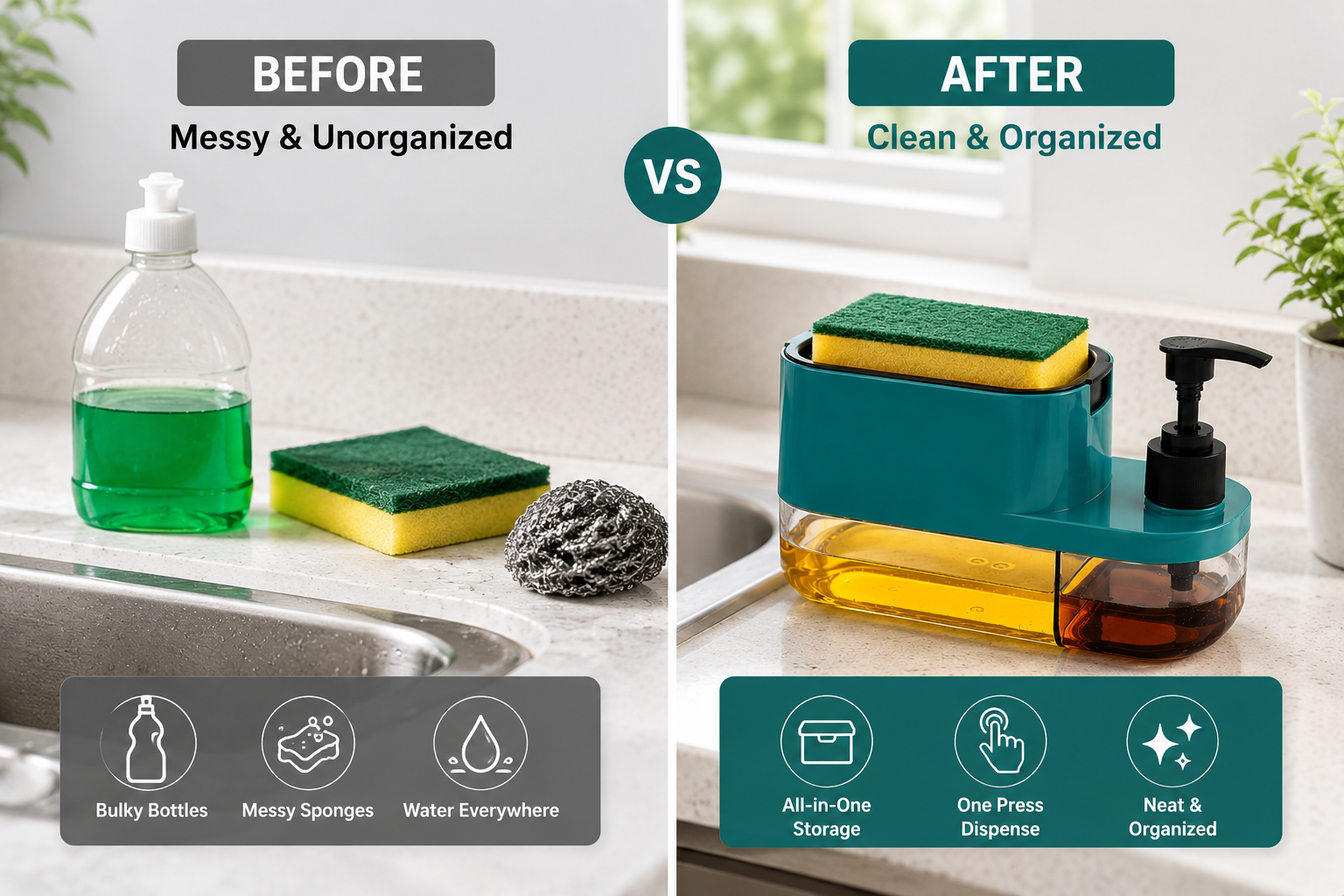 KitchenEase™ Soap Dispenser with Sponge Caddy