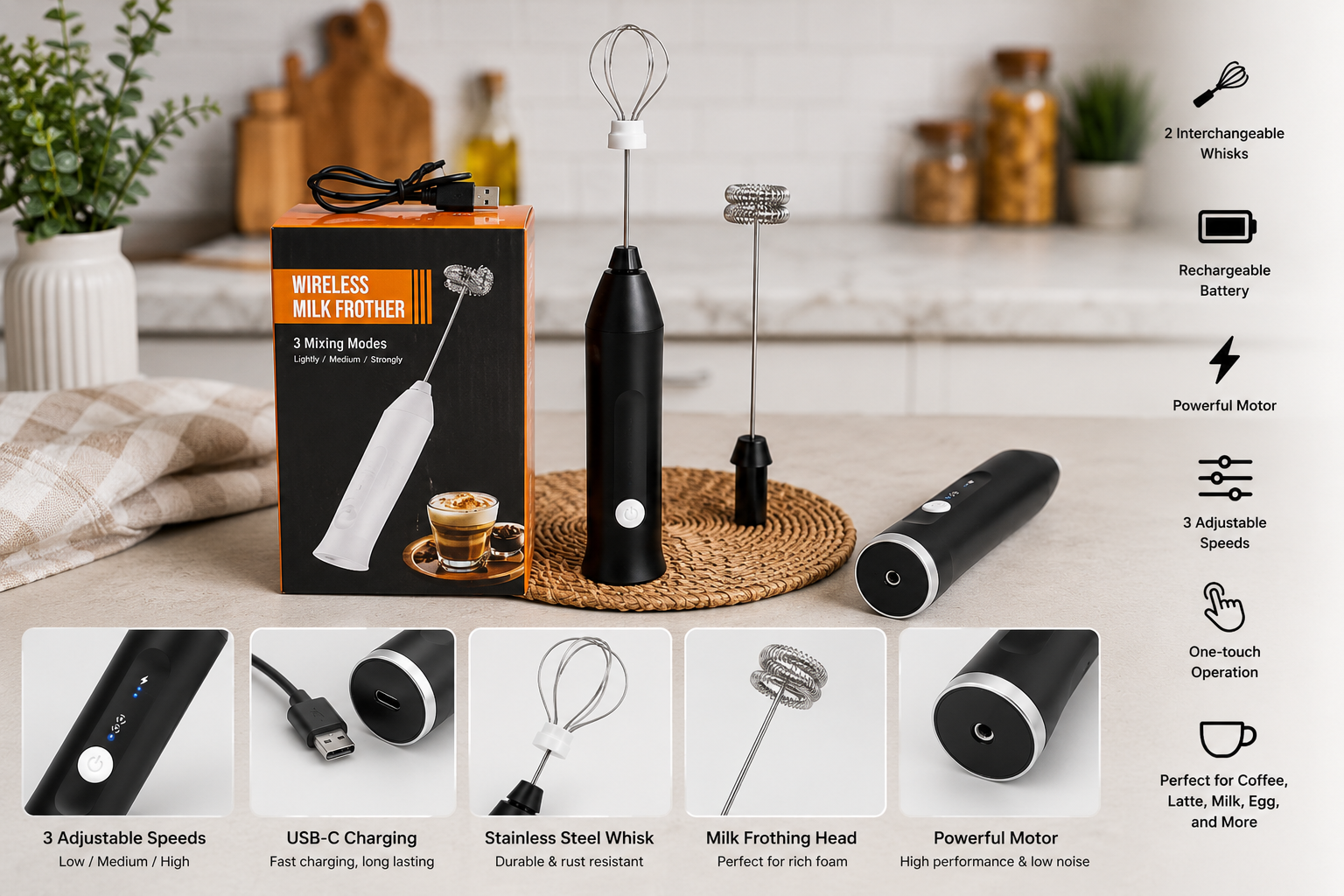 Wireless Rechargeable Milk Frother & Egg Beater — 3 Speeds, Dual Whisk Heads, USB Charging