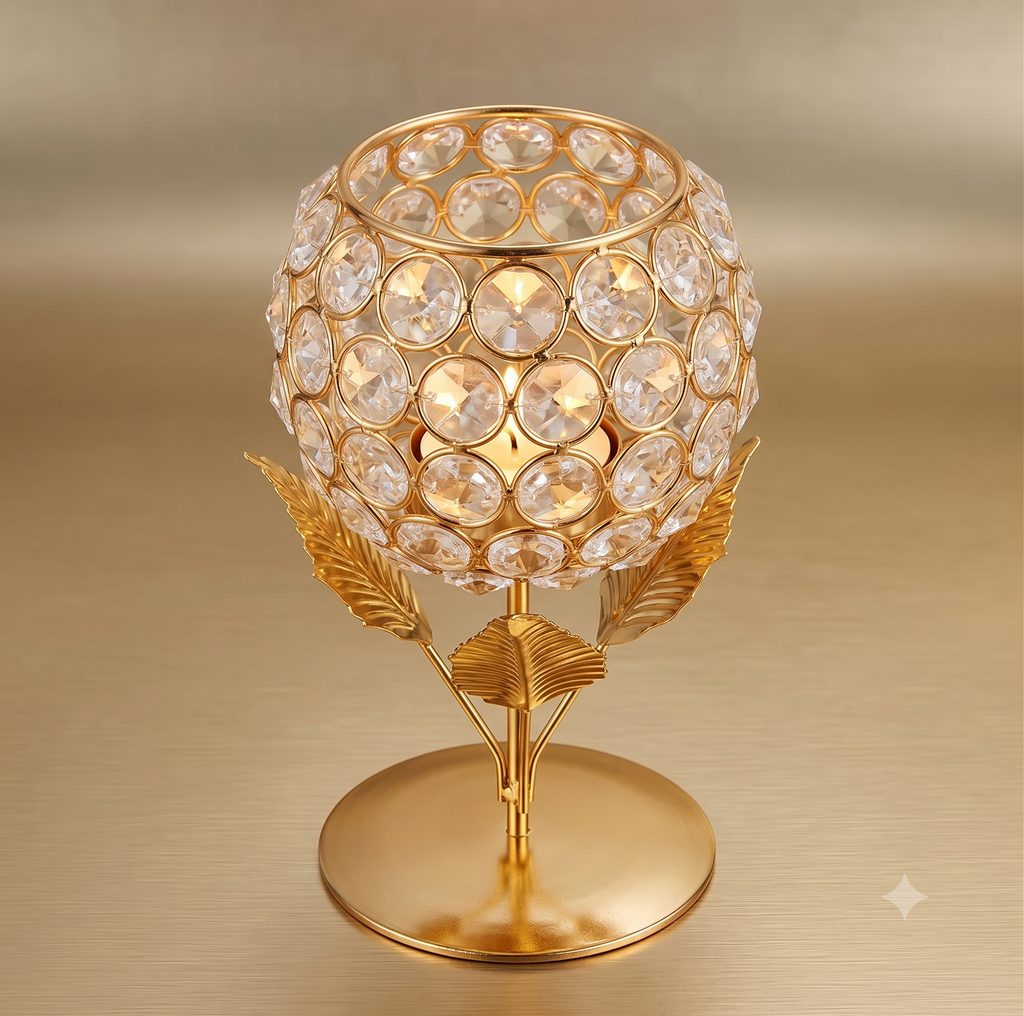 Gold Crystal Candle Holder Set of 2 – Tulip Leaf Metal Tealight Stand