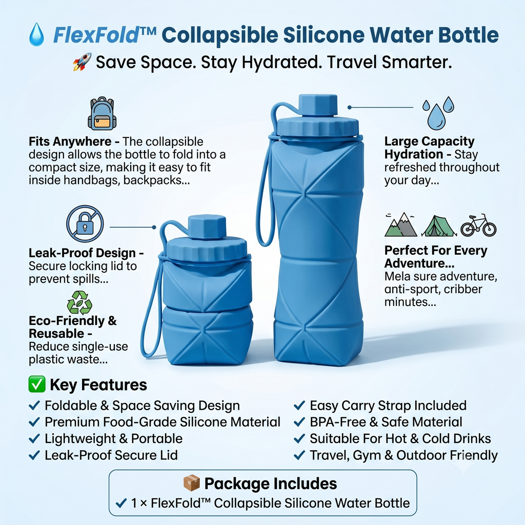 FlexFold™ Collapsible Silicone Water Bottle — 600ml, BPA-Free, Leak-Proof, Hot & Cold