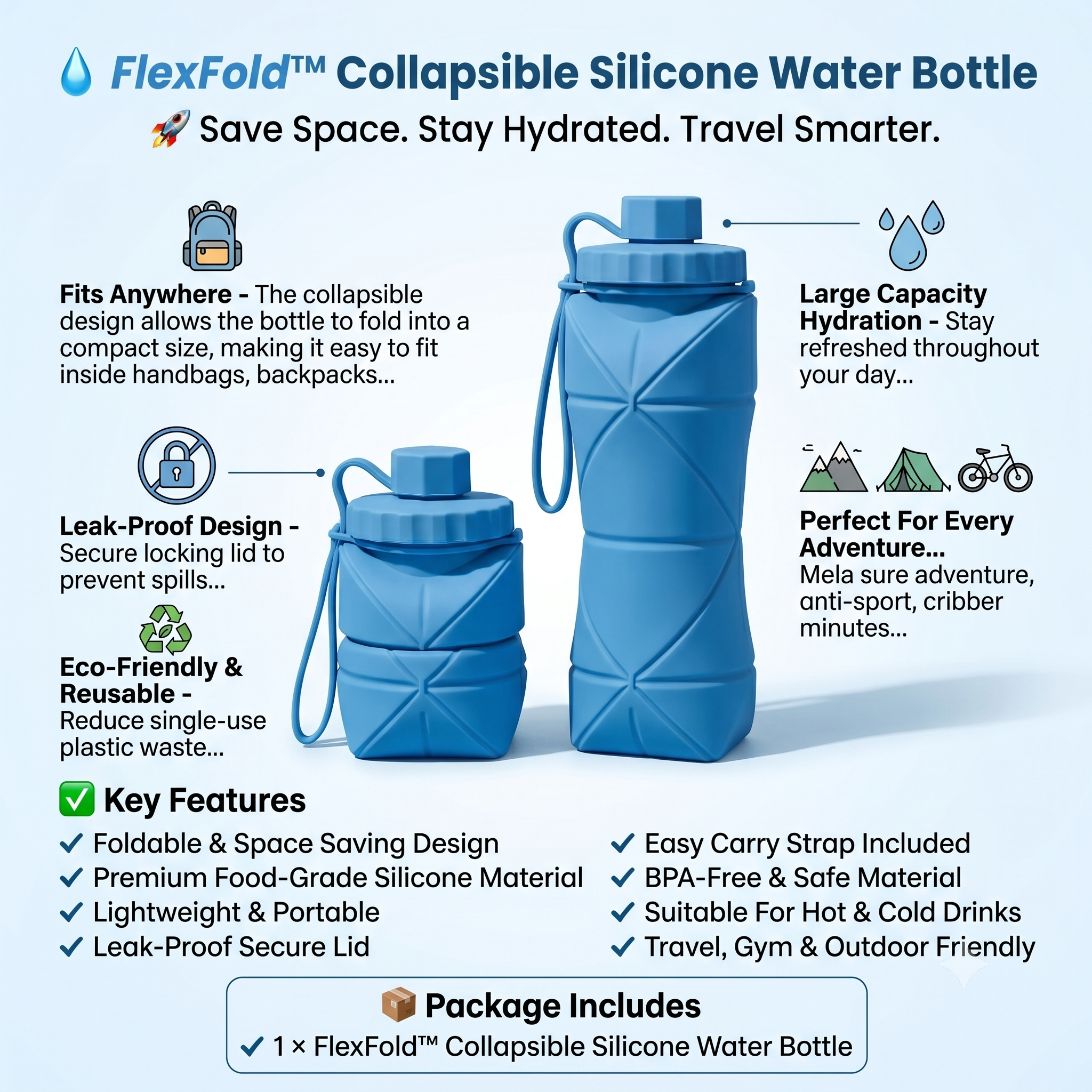 FlexFold™ Collapsible Silicone Water Bottle — 600ml, BPA-Free, Leak-Proof, Hot & Cold