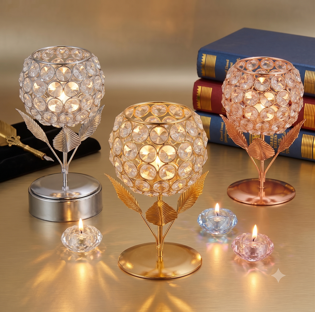 Gold Crystal Candle Holder Set of 2 – Tulip Leaf Metal Tealight Stand