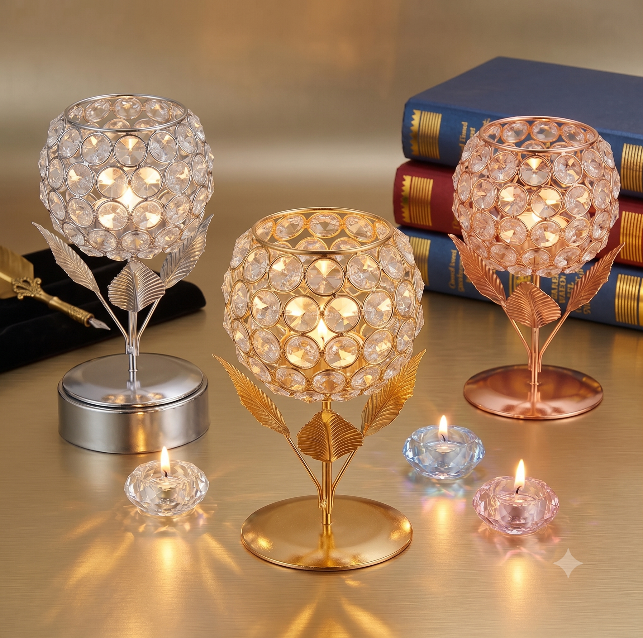 Gold Crystal Candle Holder Set of 2 – Tulip Leaf Metal Tealight Stand