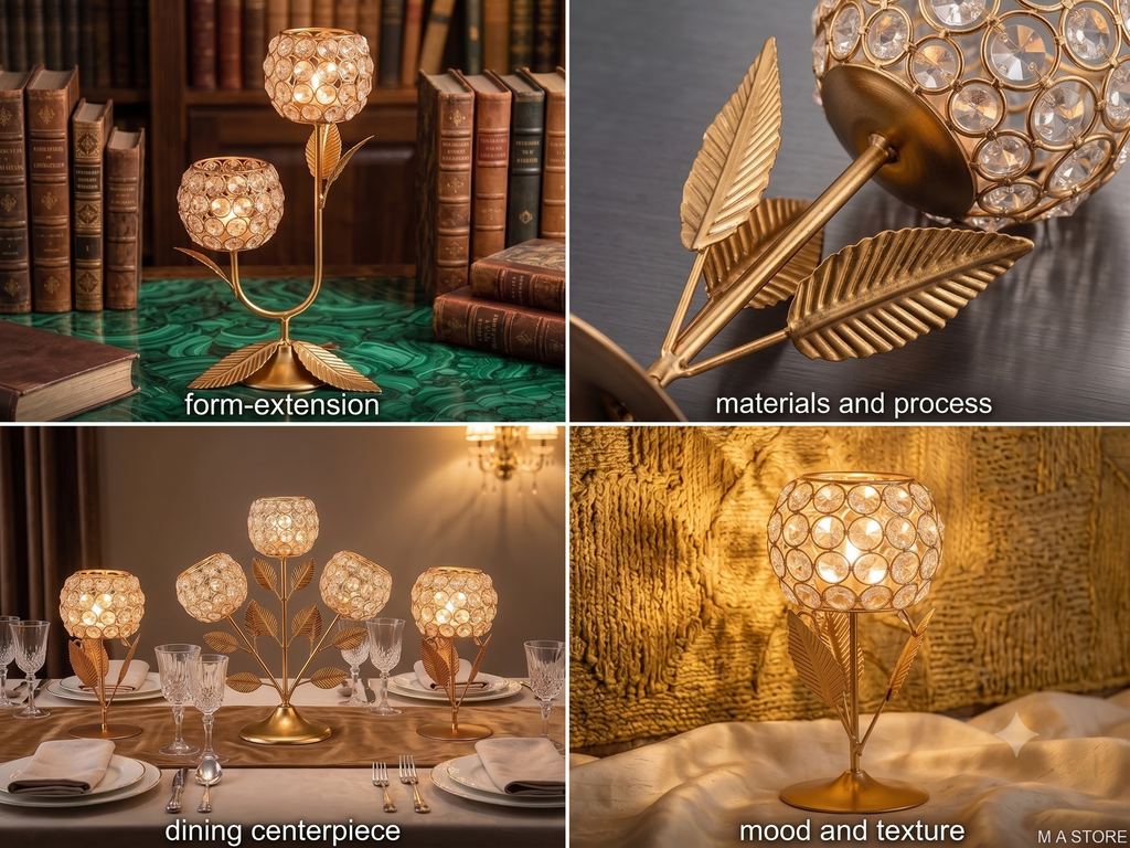 Gold Crystal Candle Holder Set of 2 – Tulip Leaf Metal Tealight Stand