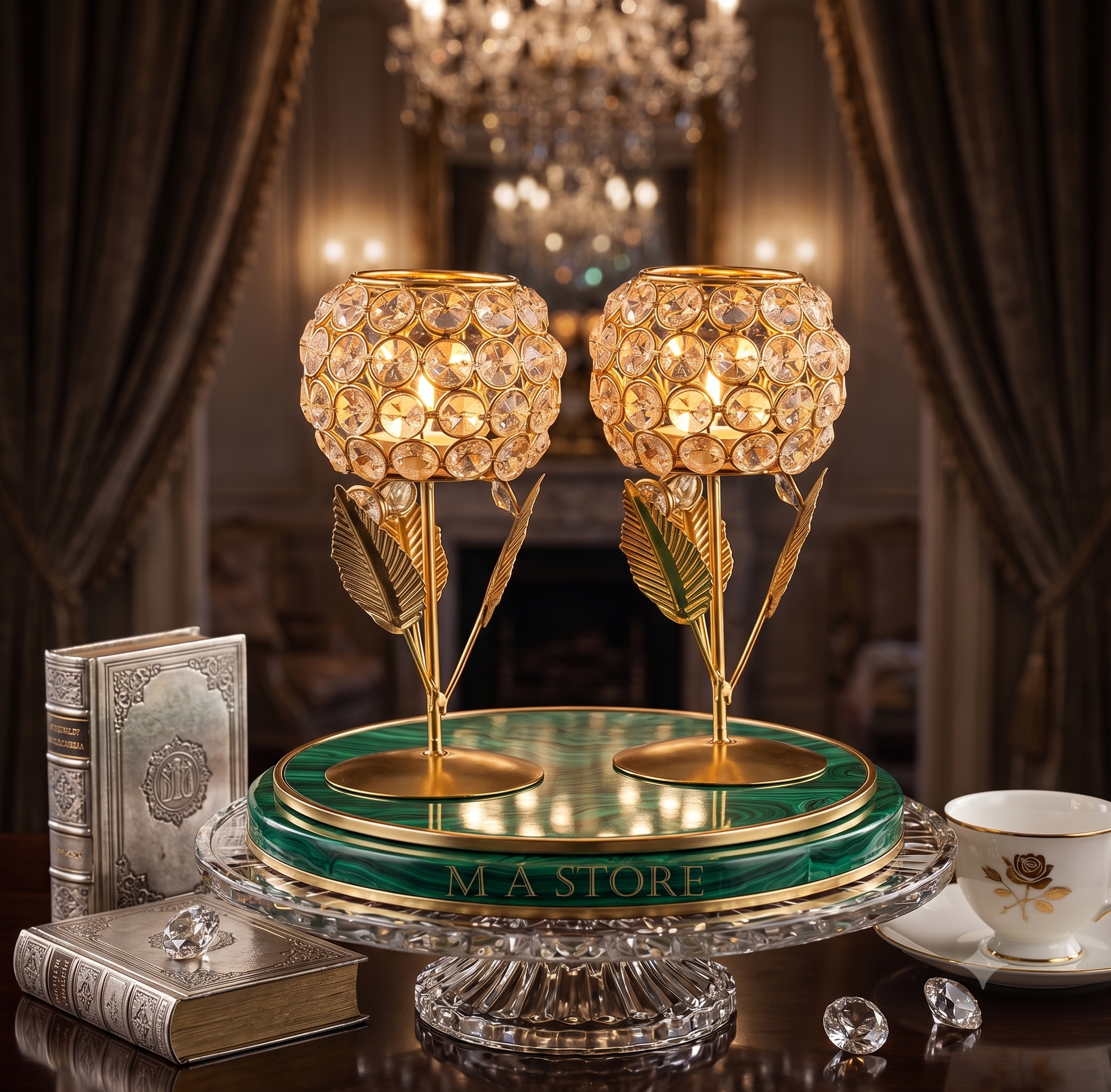 Gold Crystal Candle Holder Set of 2 – Tulip Leaf Metal Tealight Stand
