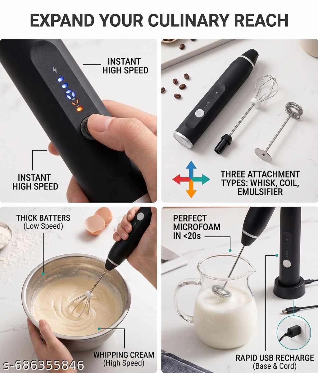 Wireless Rechargeable Milk Frother & Egg Beater — 3 Speeds, Dual Whisk Heads, USB Charging